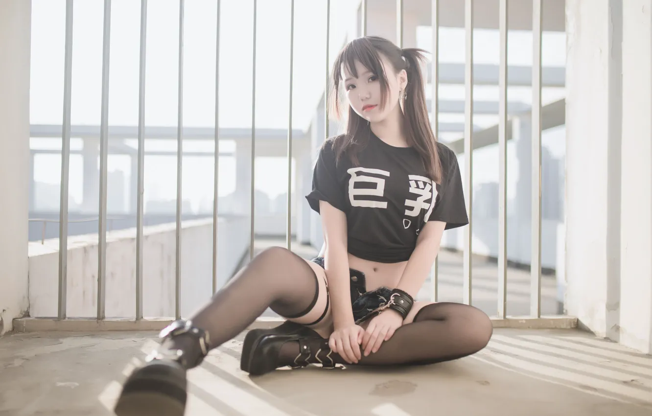 Photo wallpaper look, pose, the fence, Asian, look, asian, pose, black stockings