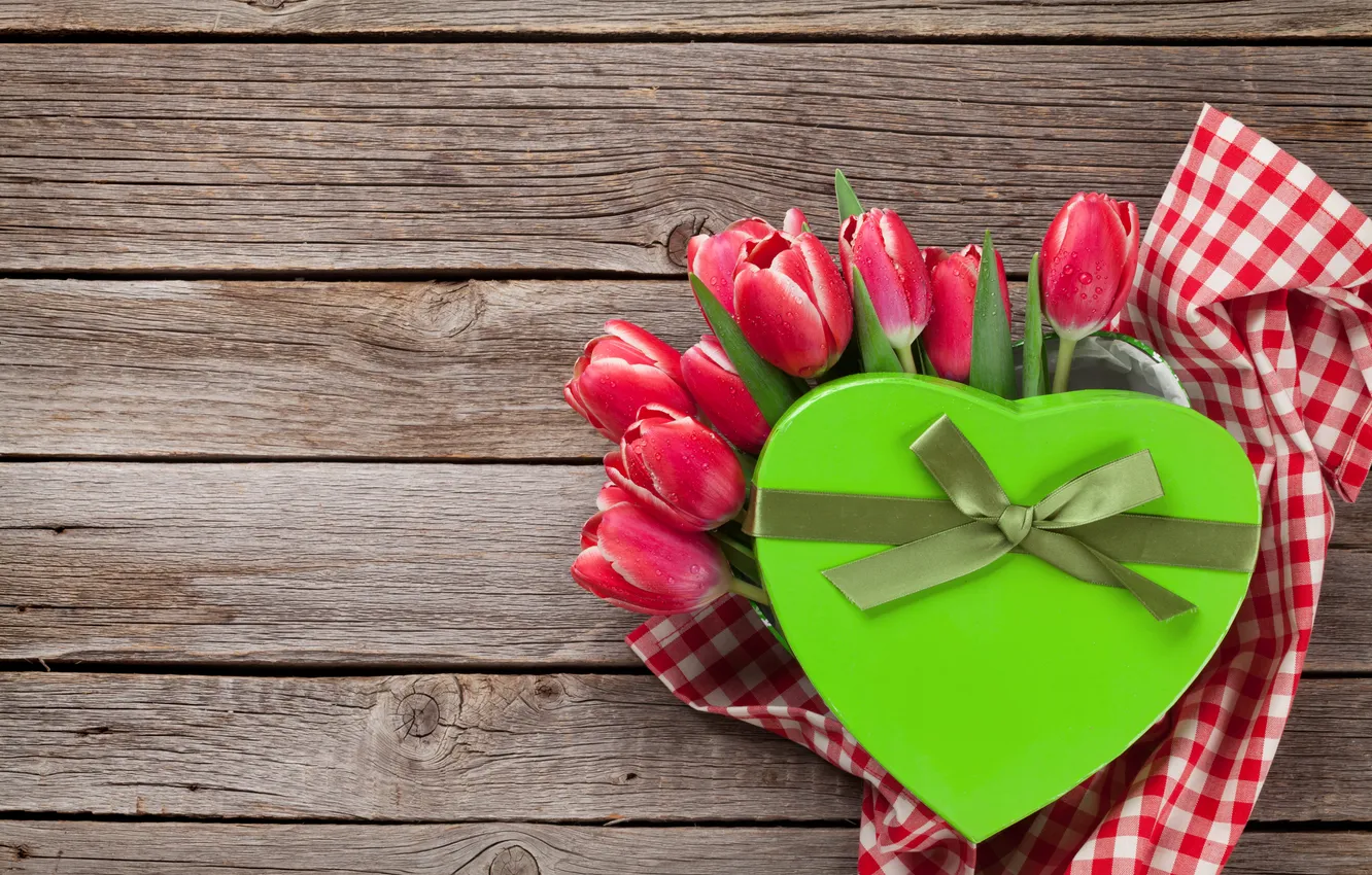 Photo wallpaper flowers, gift, bouquet, tulips, red, red, heart, wood