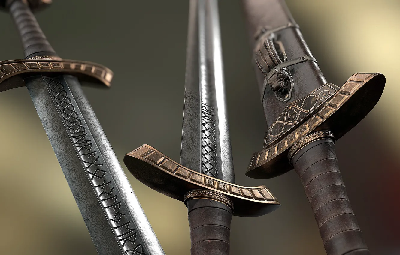 Photo wallpaper weapons, steel, swords, runes, Viking Sword and Scabbard