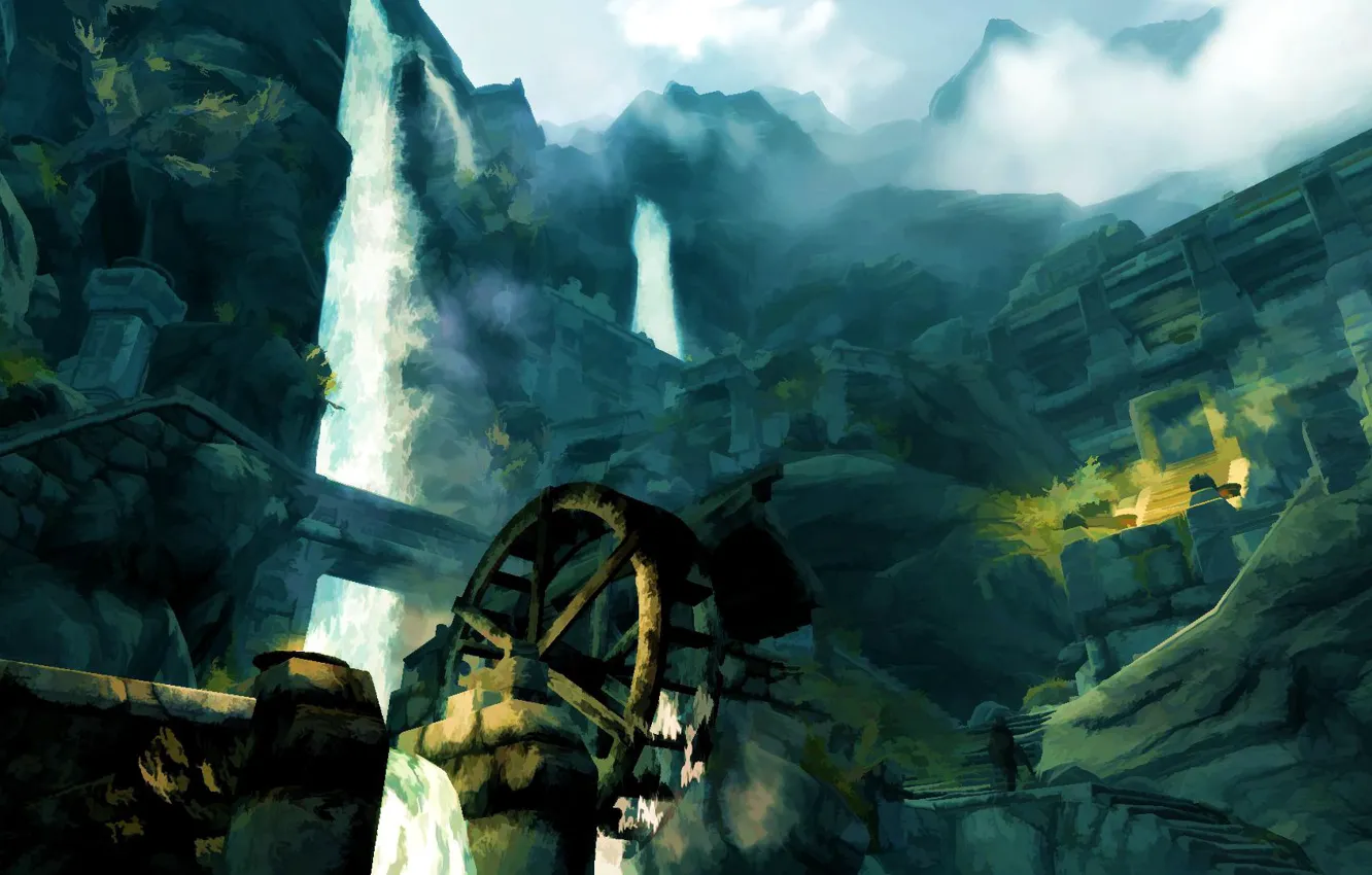 Photo wallpaper mountains, village, the vodyane mill