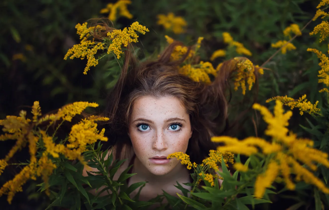 Photo wallpaper girl, thickets, freckles, hide and seek, bokeh, Mimosa, Jesse Duke, Ailish