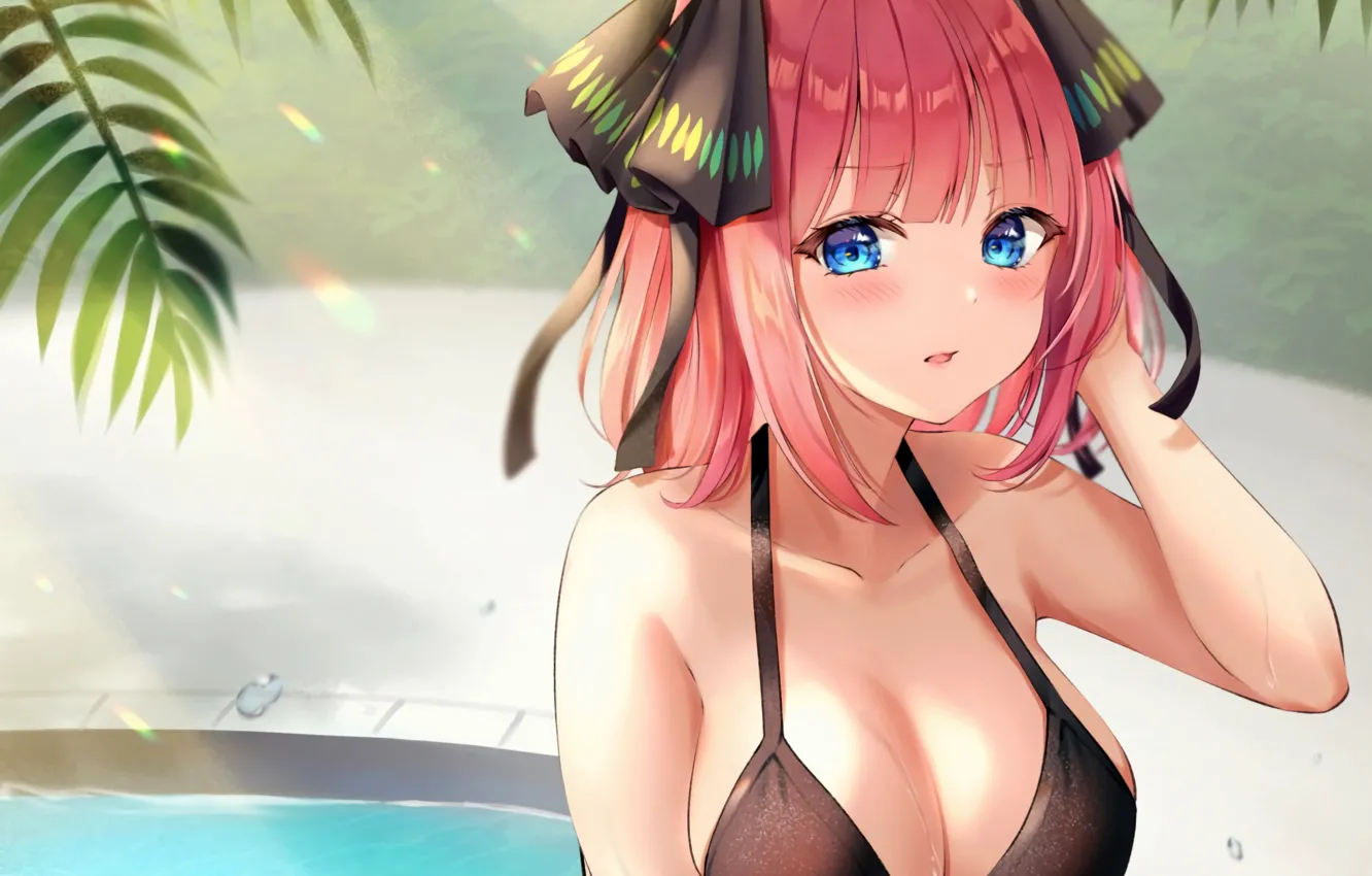 Photo wallpaper girl, sexy, wet, cleavage, pink hair, boobs, anime, blue eyes