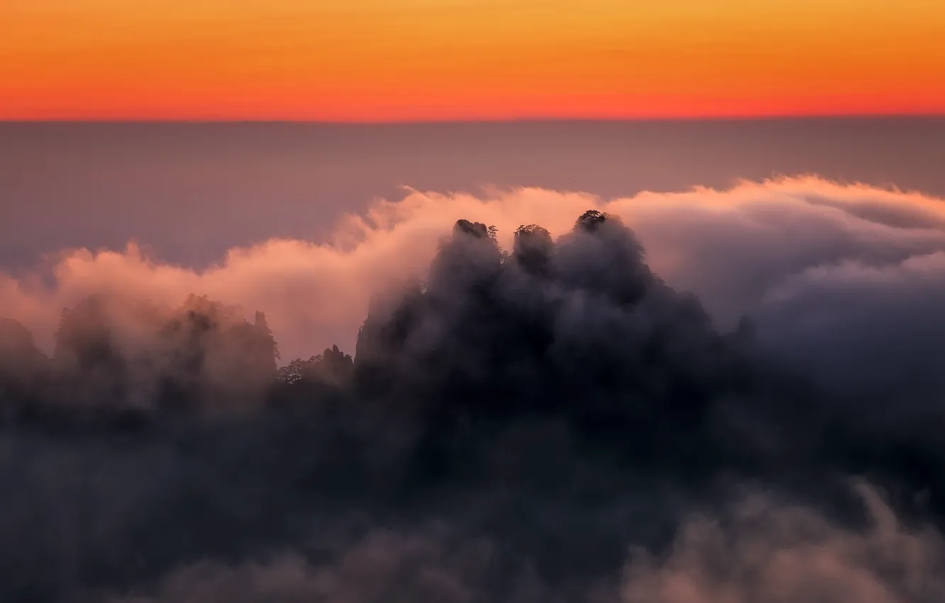 Photo wallpaper clouds, mountains, tops, China, glow, Anhui
