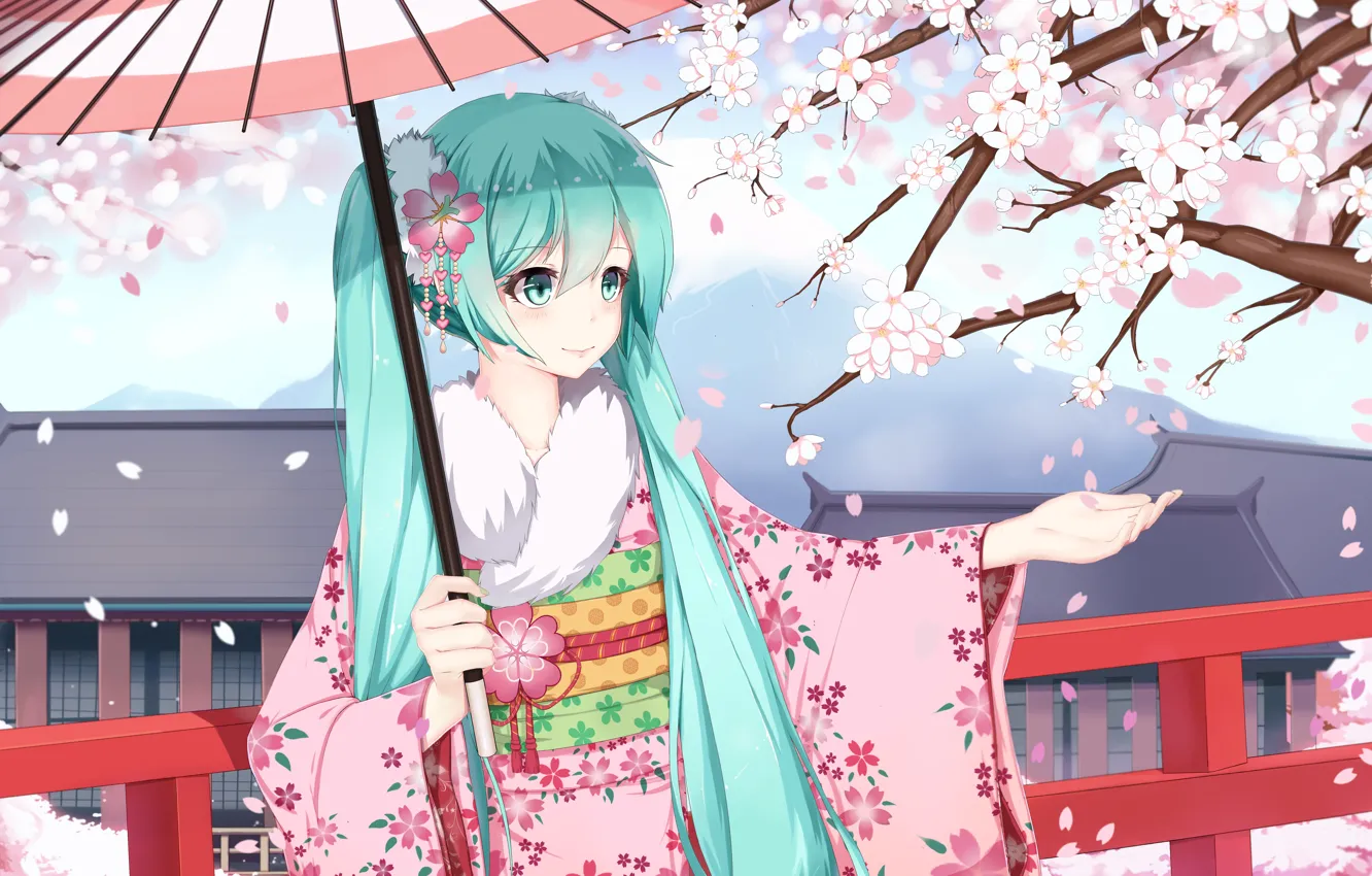 Photo wallpaper girl, smile, umbrella, anime, petals, Sakura, art, kimono