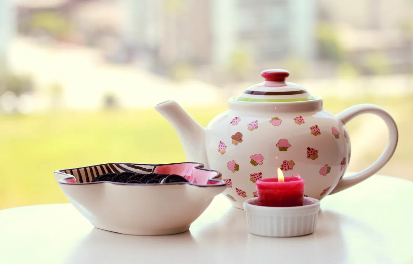 Photo wallpaper table, candle, kettle, cookies