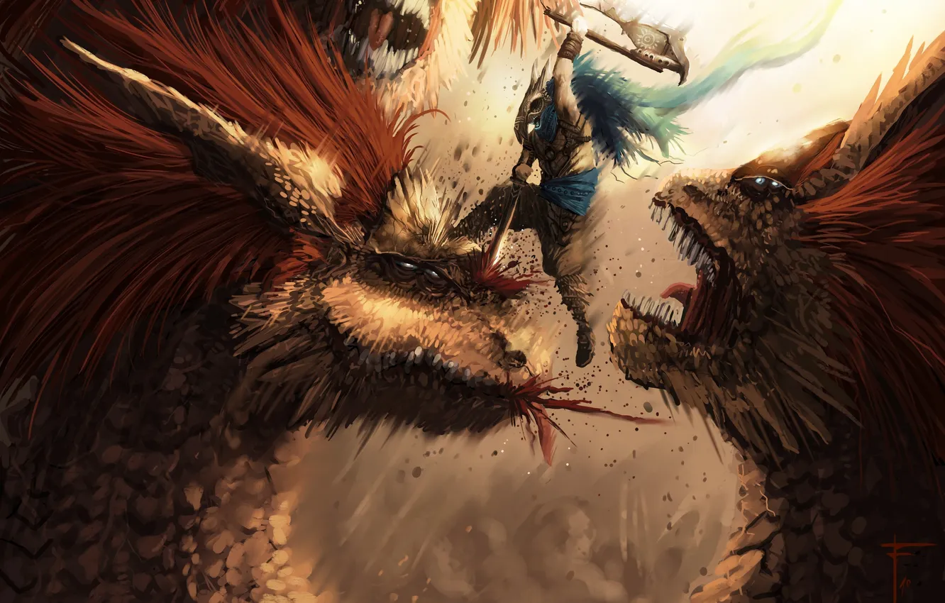 Photo wallpaper warrior, monster, axe, douglasie