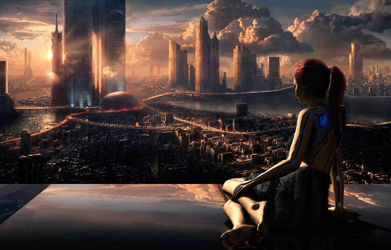 Photo wallpaper girl, reflection, sunrise, cyborg, sitting, the city of the future, The sun