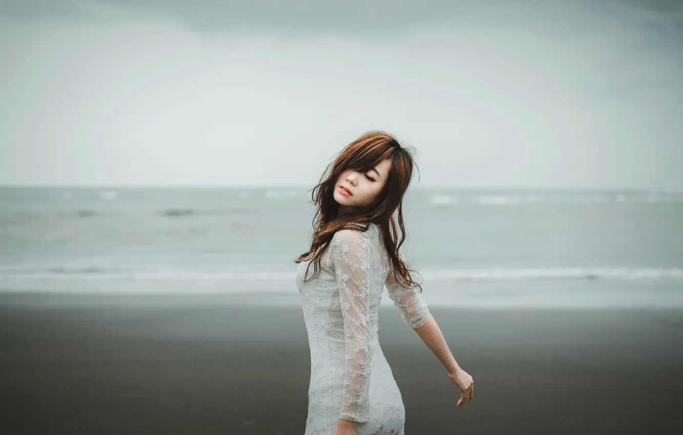 Photo wallpaper sea, the storm, beach, girl, hair, back, hands, dress