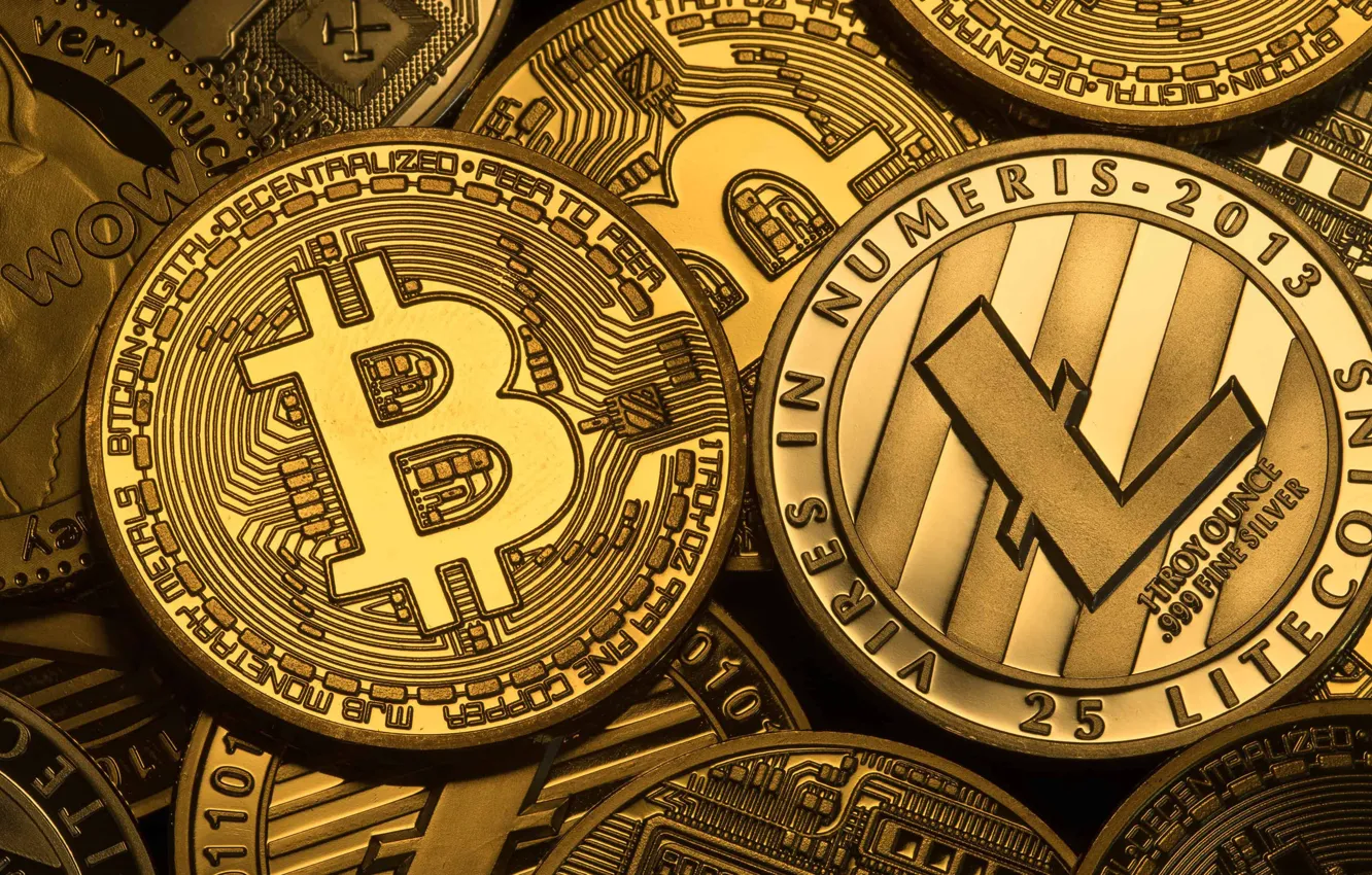 Photo wallpaper logo, coins, coins, bitcoin, bitcoin, litecoin, litecoin