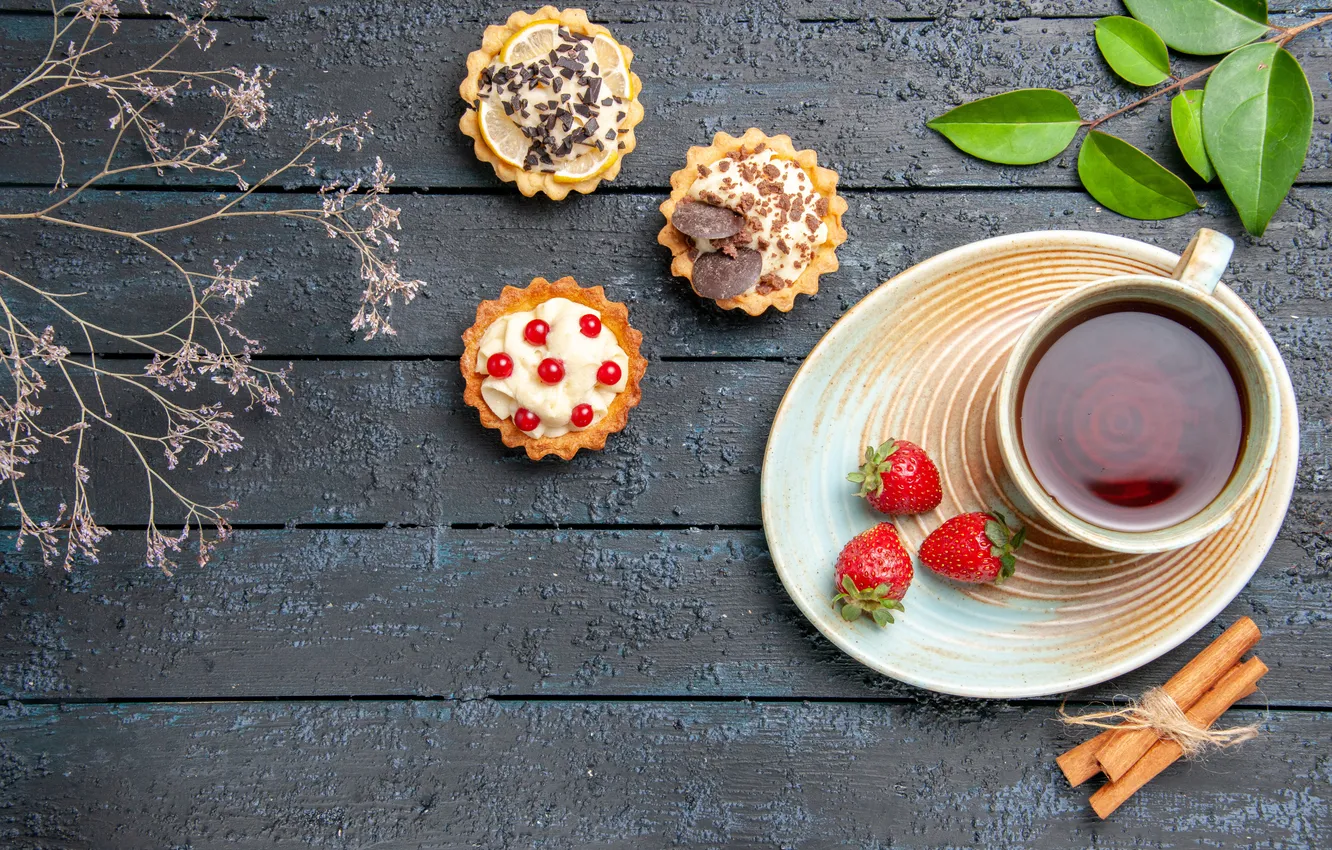 Photo wallpaper leaves, berries, tea, Board, strawberry, the tea party, Cup, cake