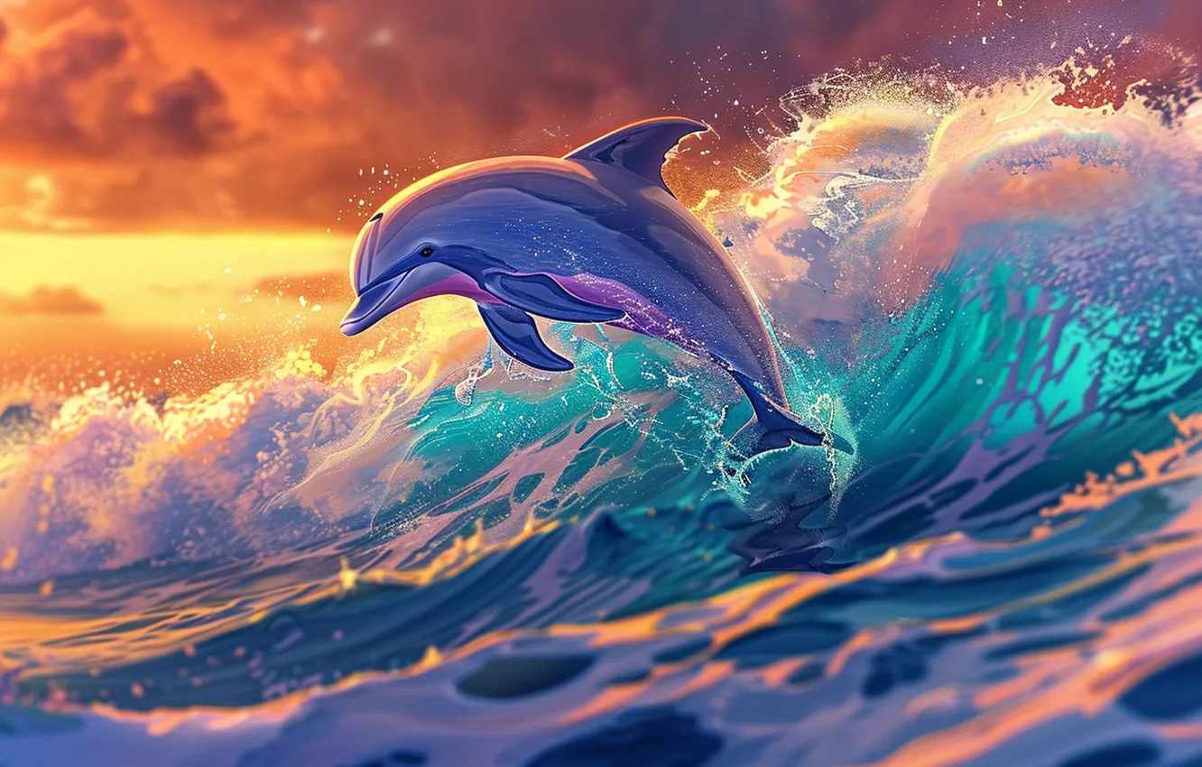 Photo wallpaper sea, wave, dawn, jump, dolphins, digital art, AI art, The Art of Artificial Intelligence