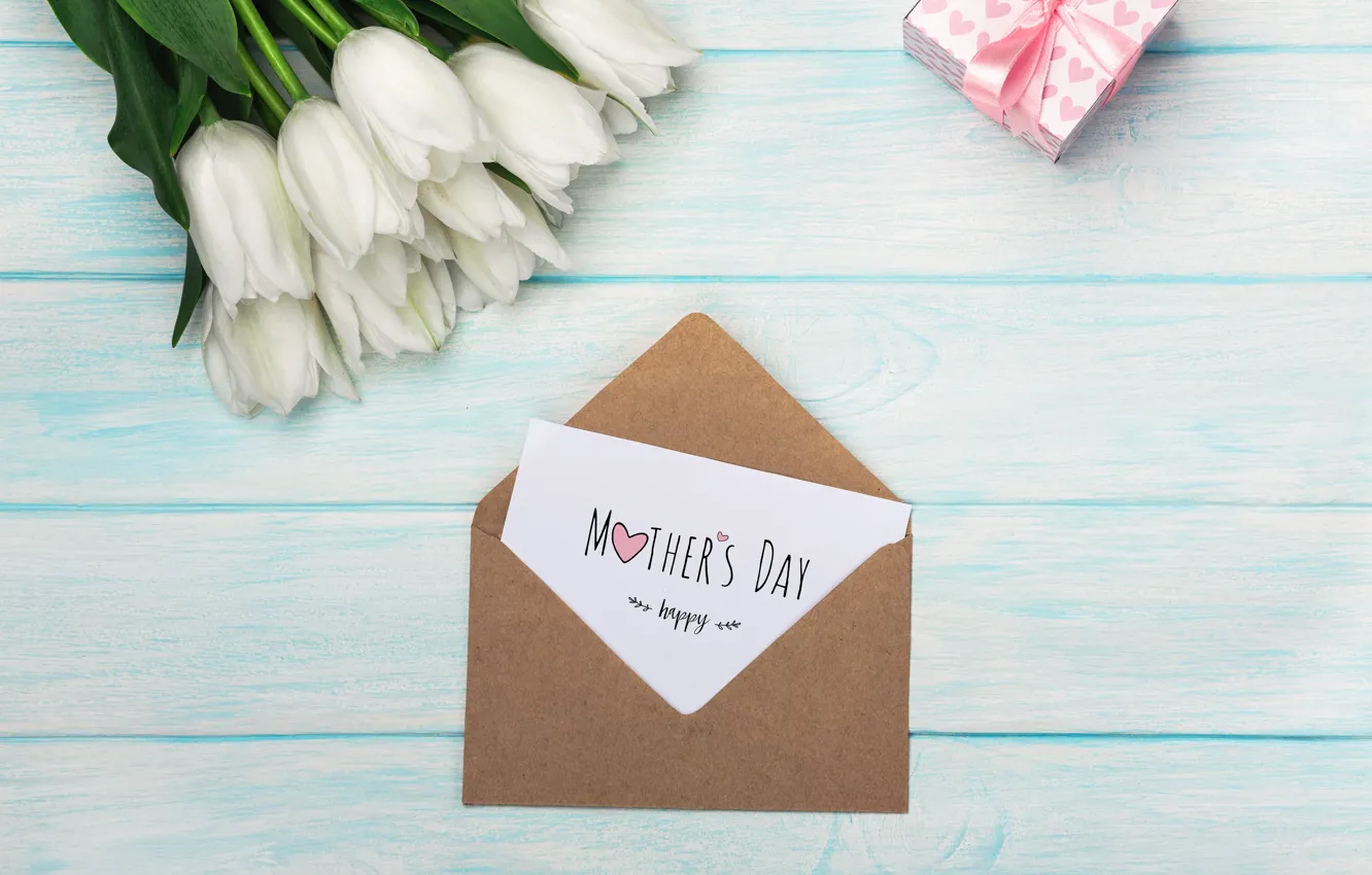 Photo wallpaper flowers, gift, bouquet, tulips, the envelope, congratulations, Mother's day