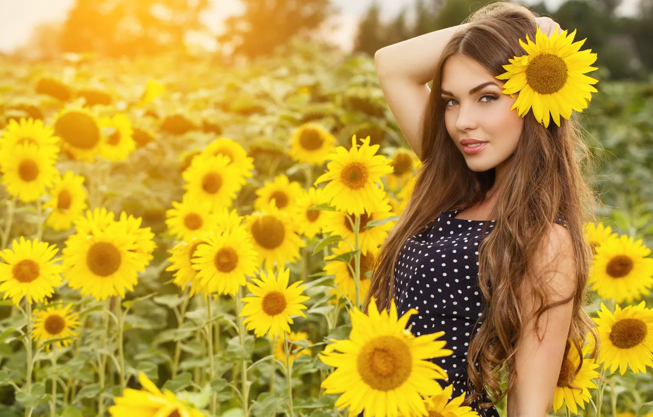 Photo wallpaper field, summer, girl, sunflowers, nature, pose, portrait, dress