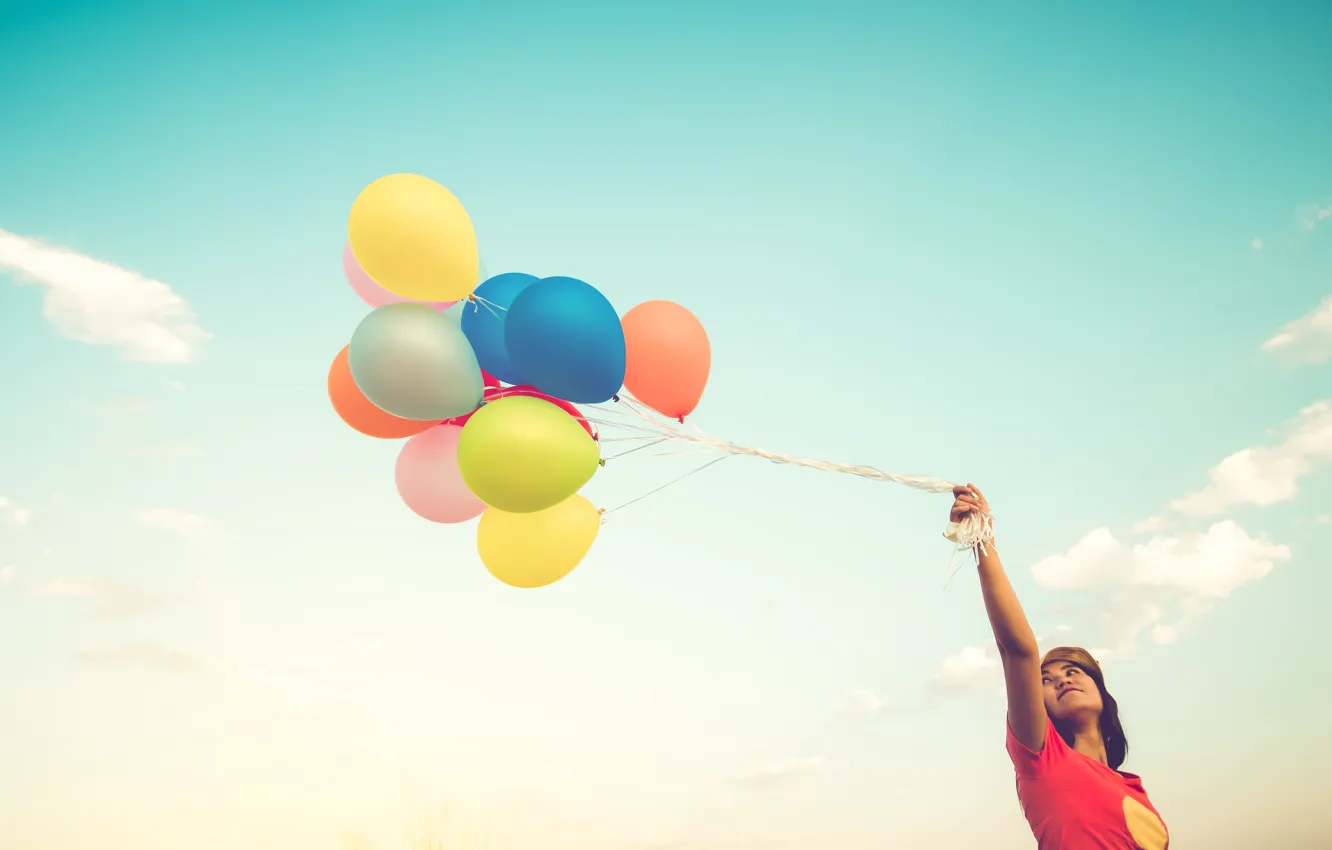 Photo wallpaper the sky, girl, balls, nature, girl, colorful, balls, sky