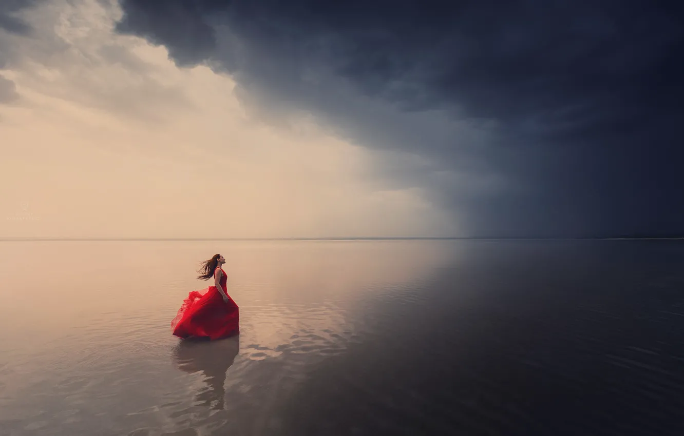 Photo wallpaper water, girl, the wind, dress, Dmitry Kupratsevich