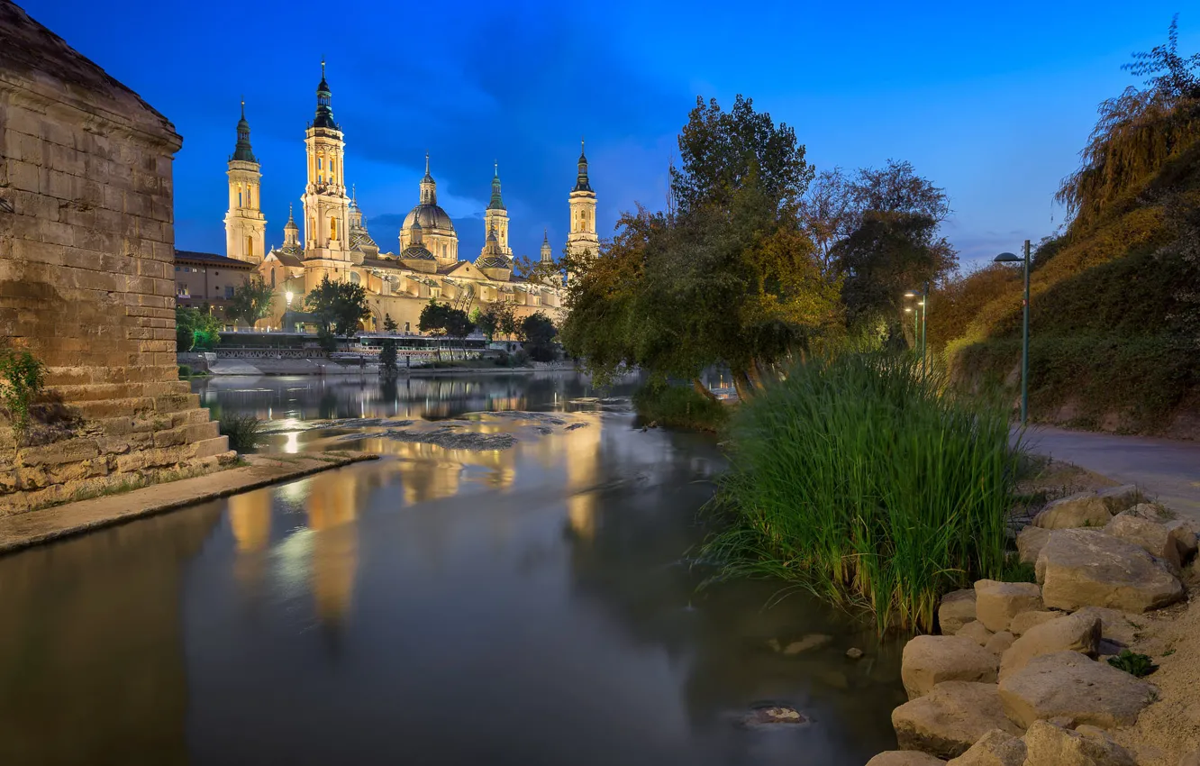 Photo wallpaper the city, river, stones, tower, the evening, lighting, lights, track