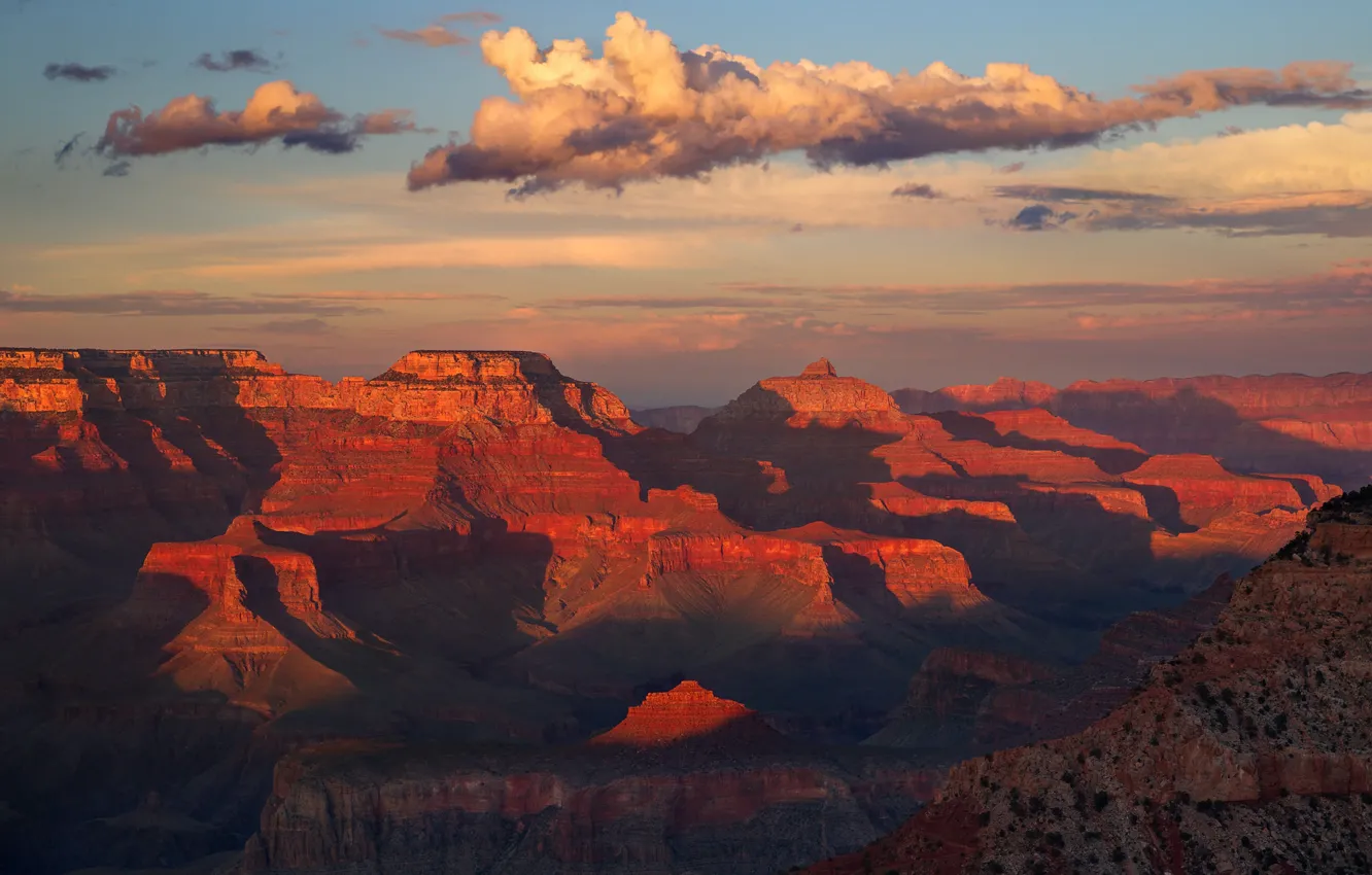 Photo wallpaper clouds, sunset, mountains, rocks, paint, AZ, USA, Grand Canyon National Park