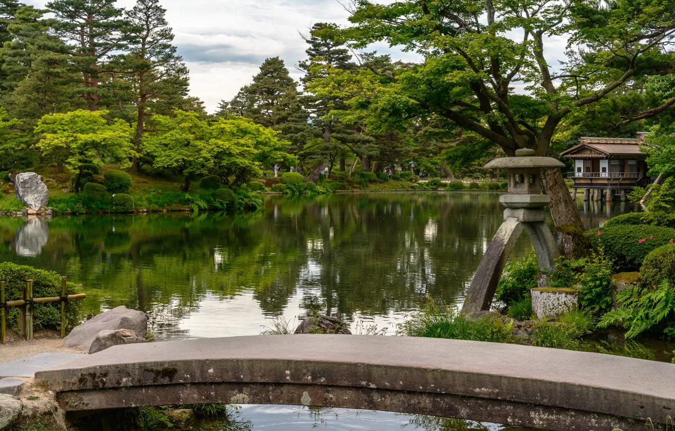 Photo wallpaper bridge, nature, pond, Park, shore, Japan