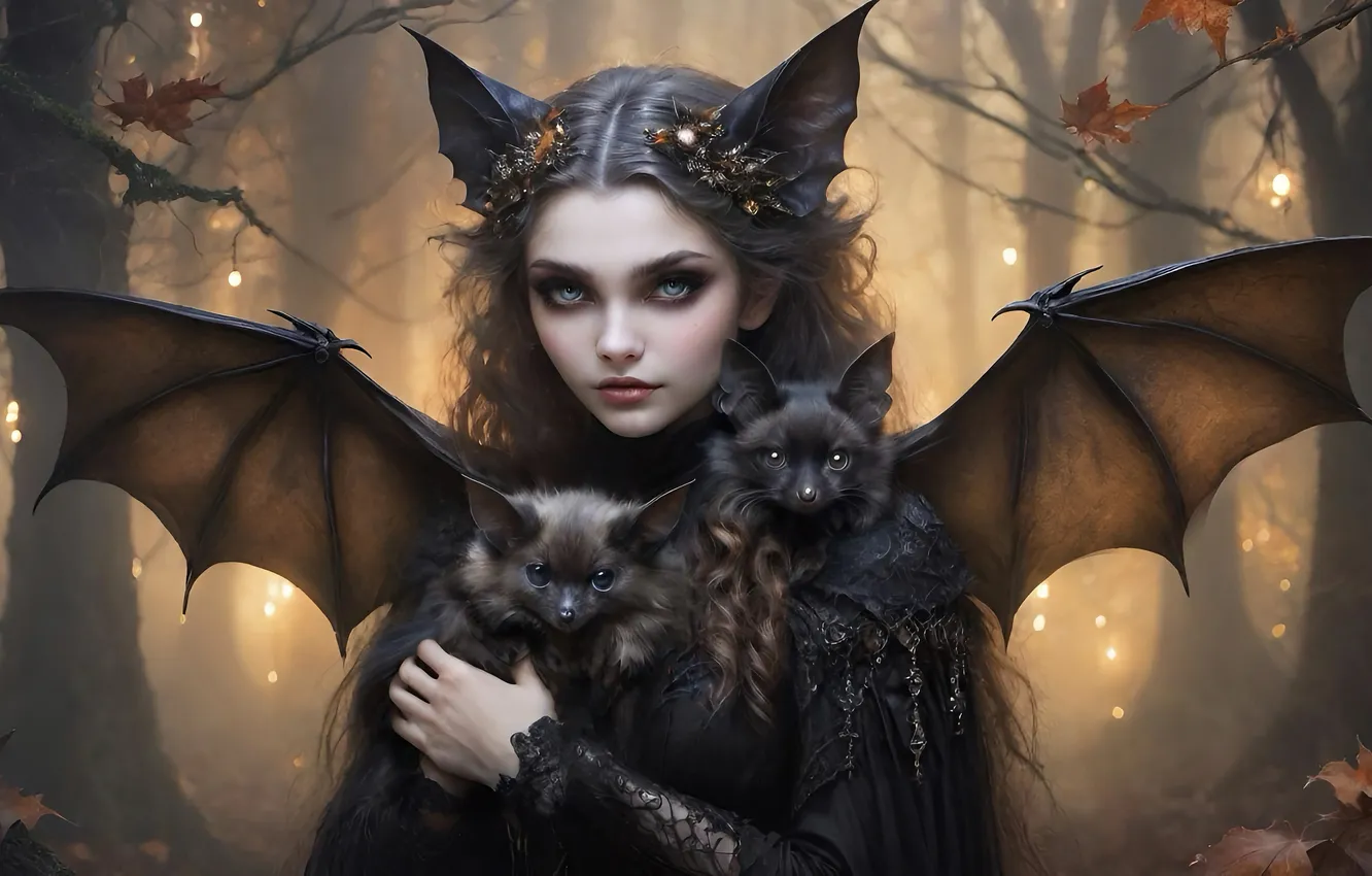 Photo wallpaper forest, look, girl, trees, lights, fog, wings, fantasy