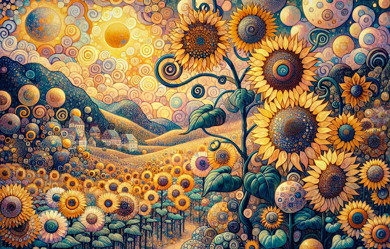 Photo wallpaper road, field, summer, the sun, clouds, sunflowers, flowers, hills