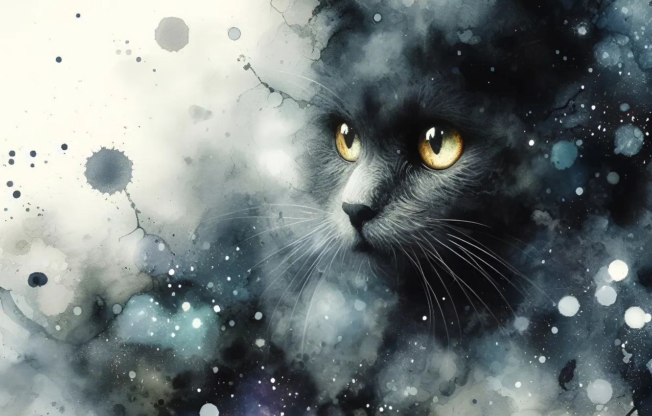 Photo wallpaper cat, cat, look, pose, grey, paint, portrait, blots