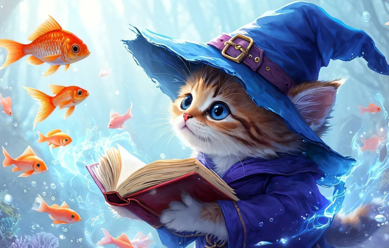Photo wallpaper cat, water, fish, kitty, magic, magic, fish, hat