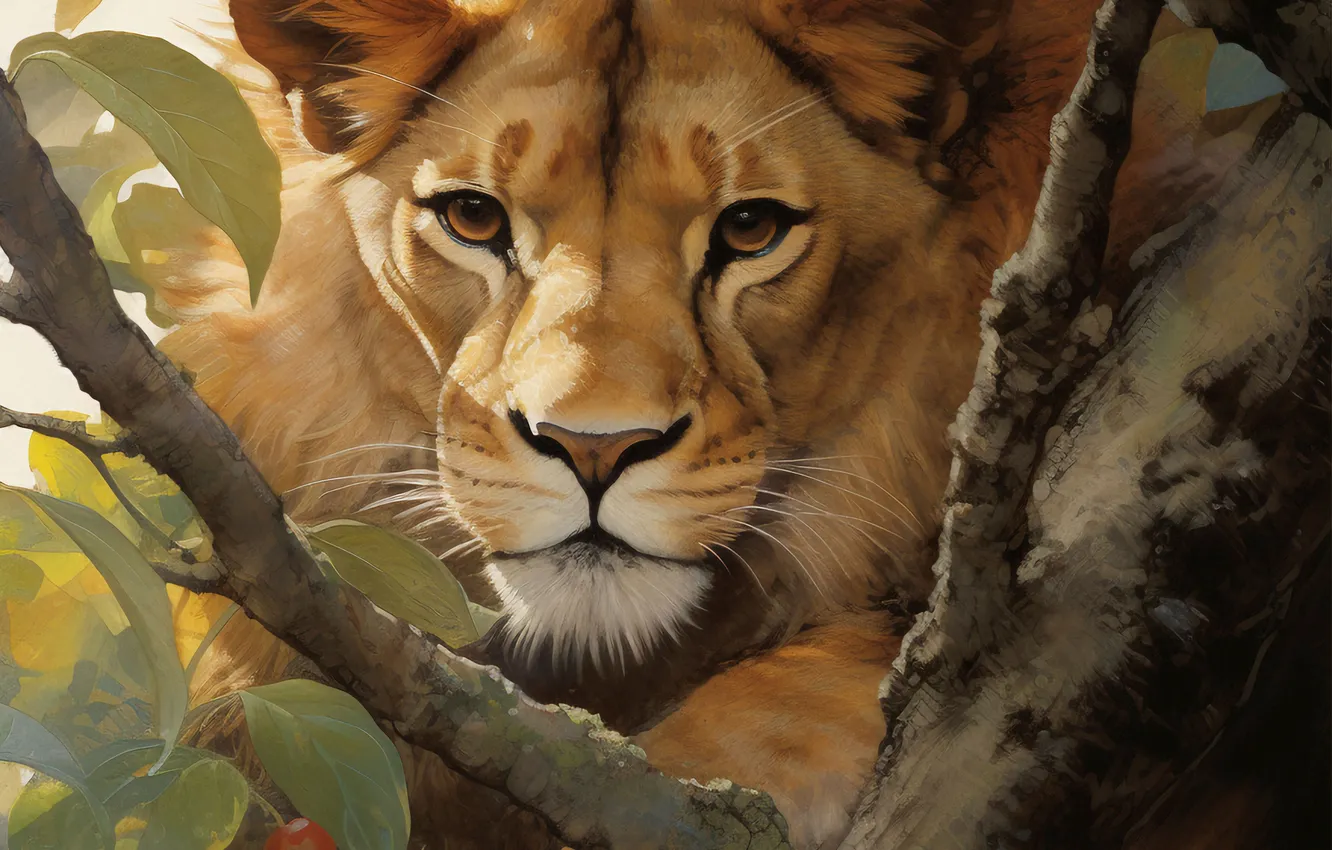 Photo wallpaper Tree, Look, Leaves, Leo, Face, Predator, Art, Front