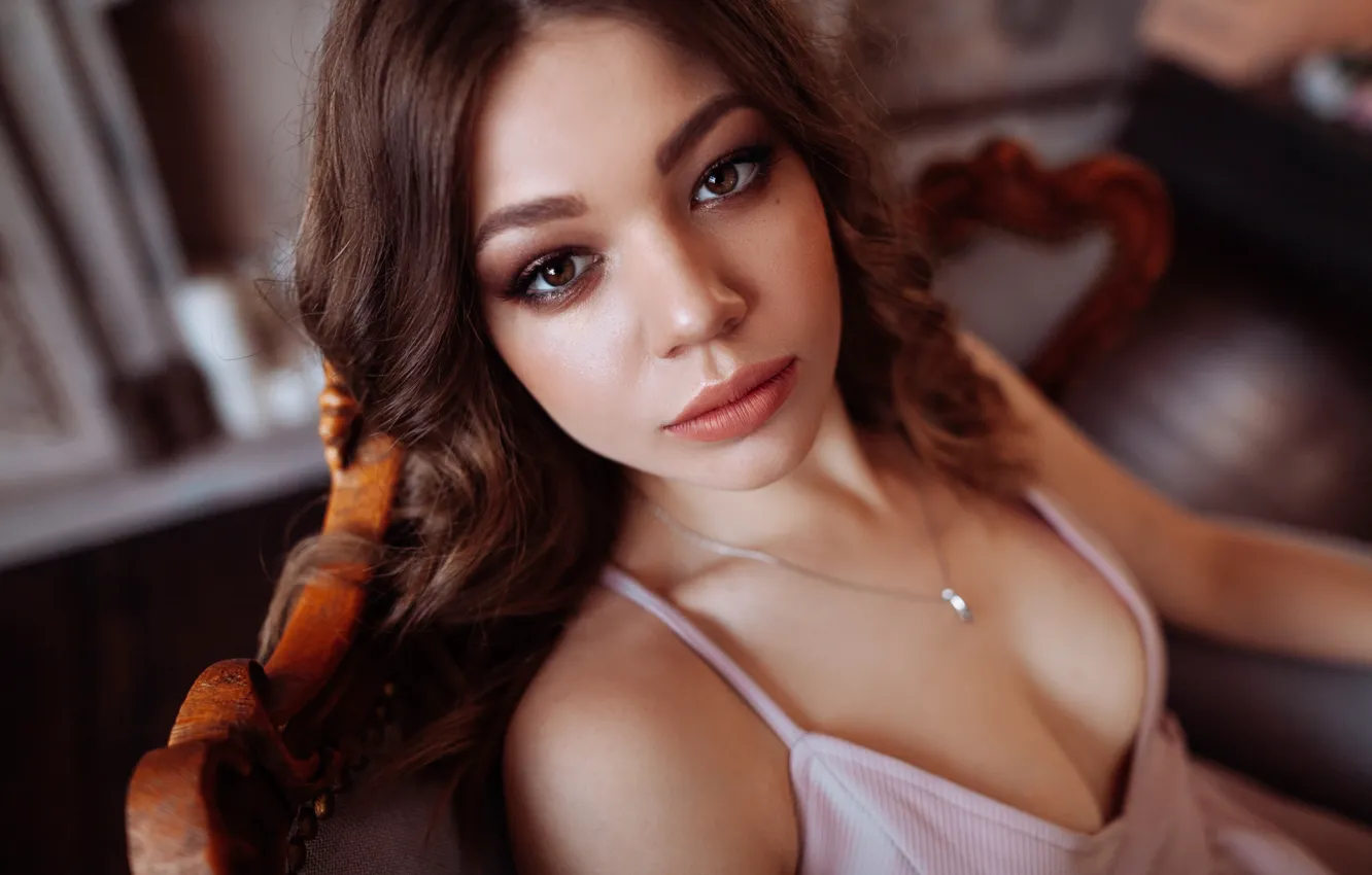 Photo wallpaper girl, cleavage, Model, dress, breast, lips, brunette, chest