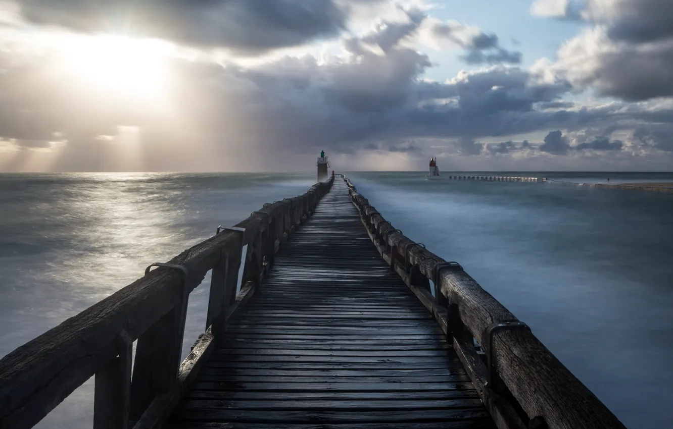 Photo wallpaper sea, bridge, lighthouse, morning