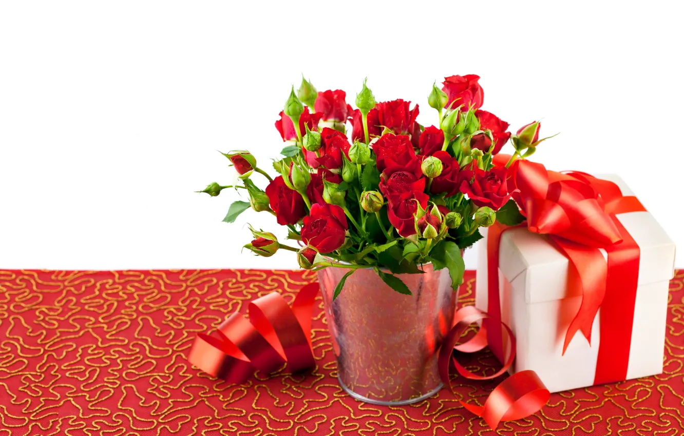 Photo wallpaper photo, Flowers, Red, Roses, A lot, Bow, Gifts