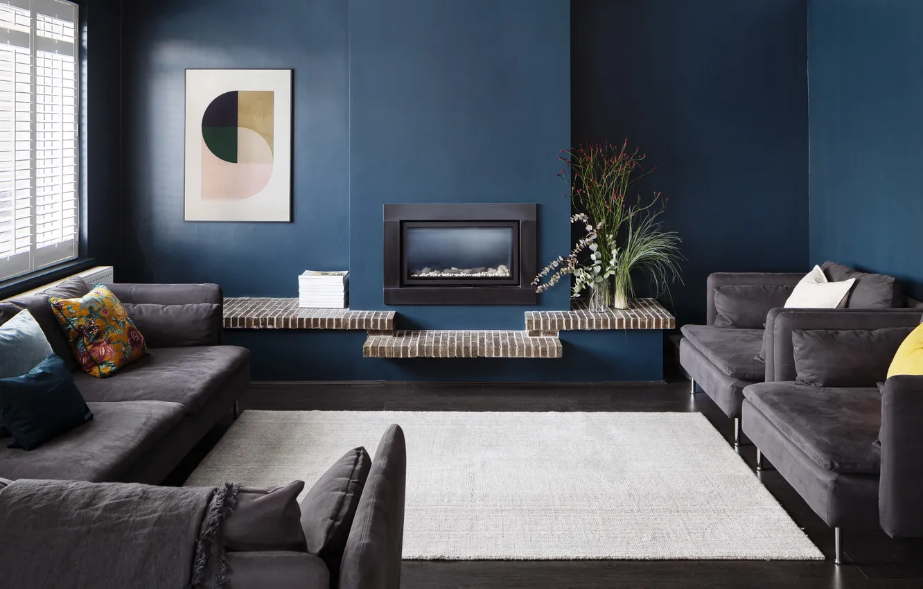 Photo wallpaper design, style, room, fireplace, living room, upholstered furniture, blue color in the interior