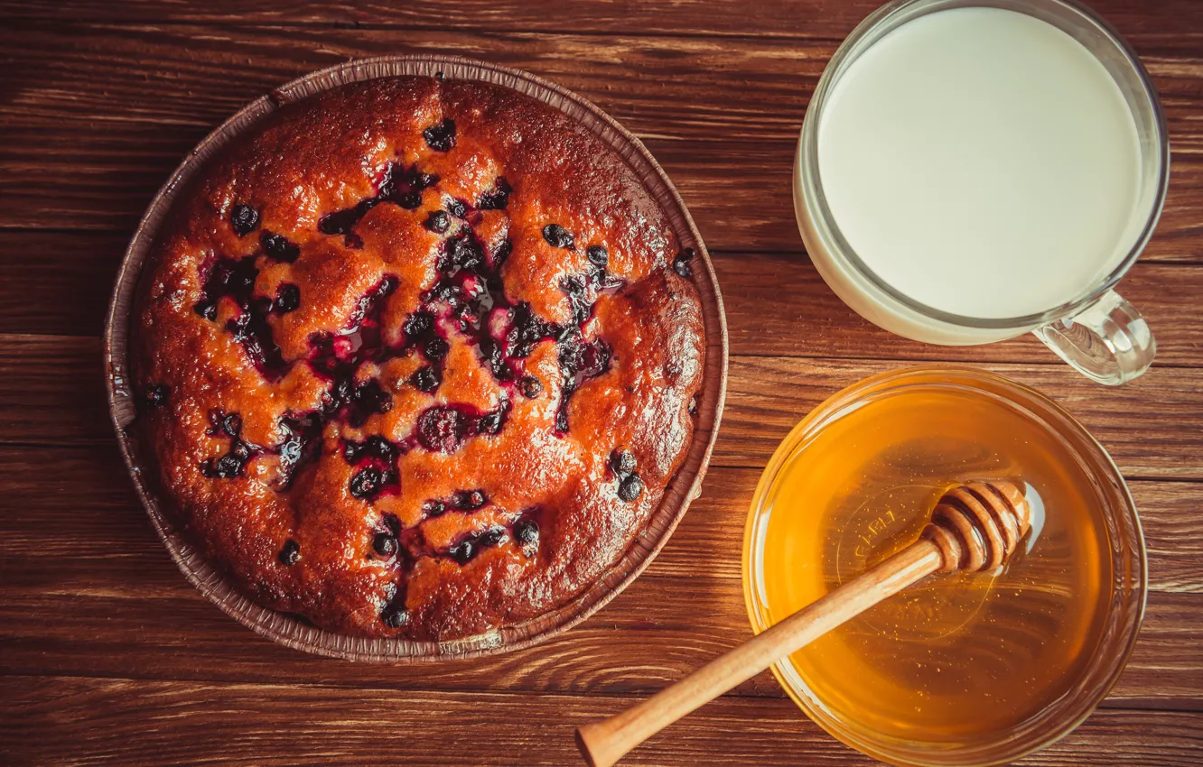 Photo wallpaper table, Board, milk, honey, pie, Cup, cakes