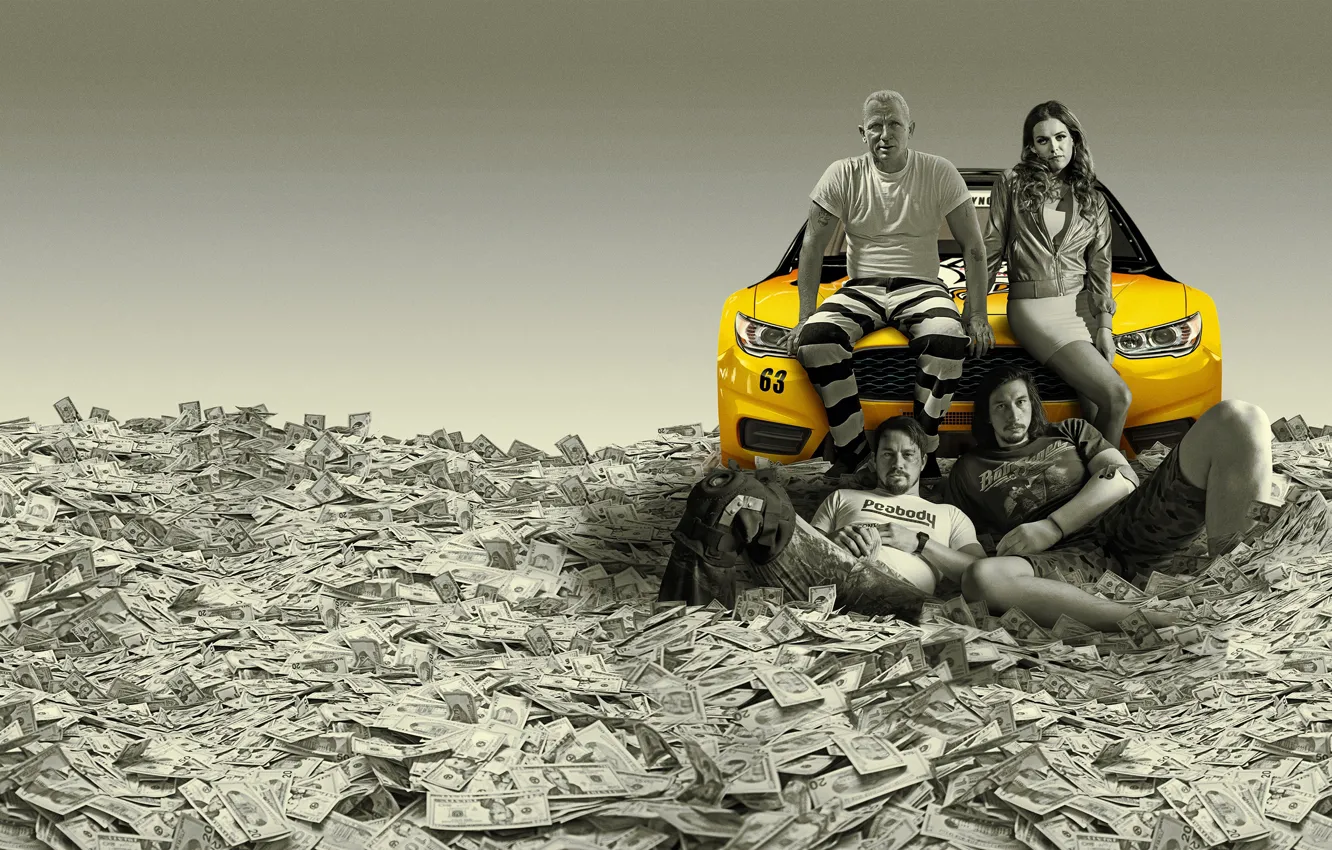 Photo wallpaper money, car, black and white, yellow, poster, Daniel Craig, crime, Comedy