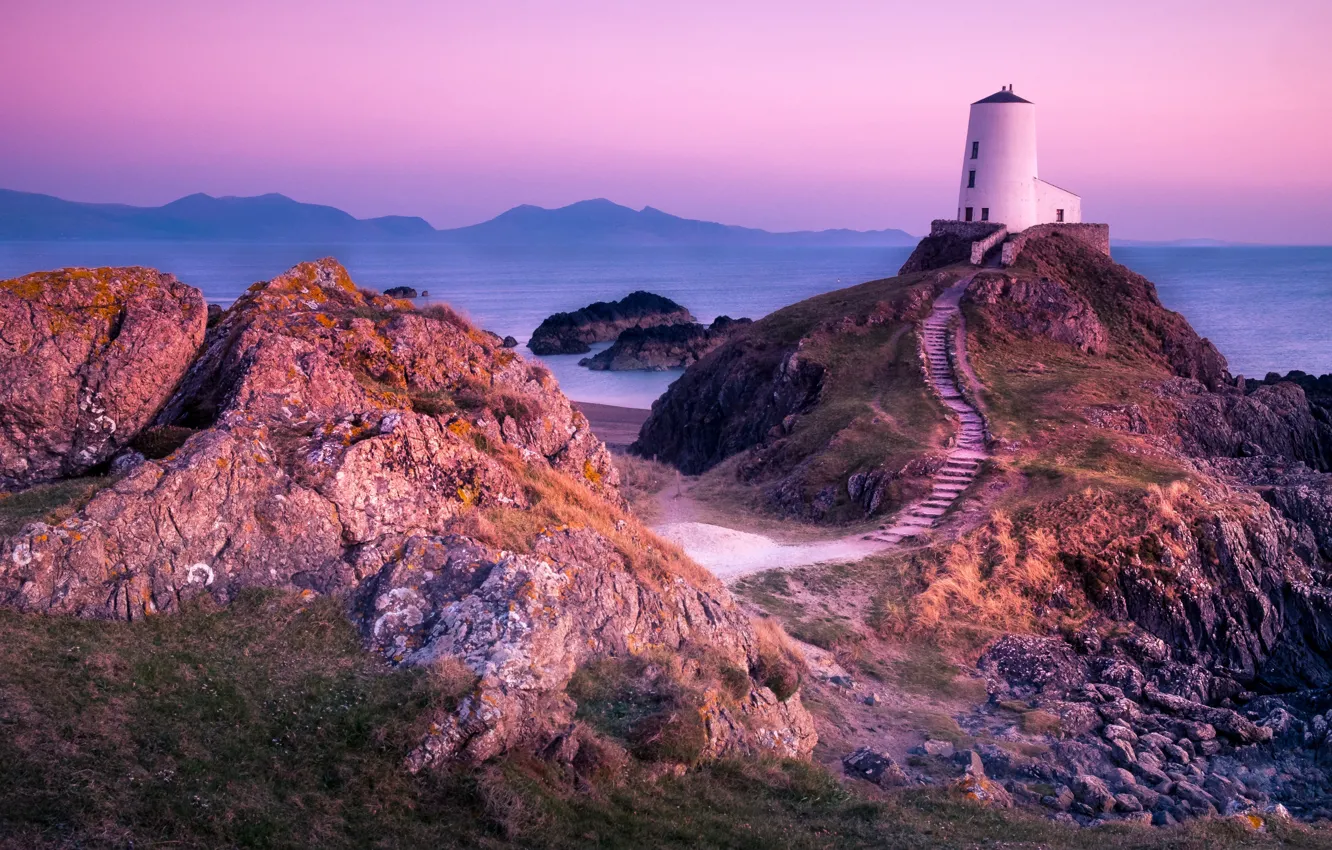 Photo wallpaper sea, landscape, mountains, nature, rocks, lighthouse, the evening, track
