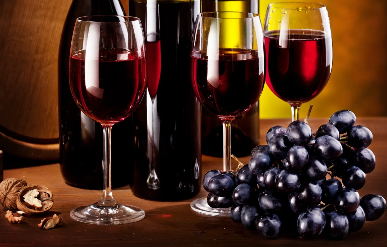 Photo wallpaper wine, walnut, glasses, grapes, bunch, bottle, brush