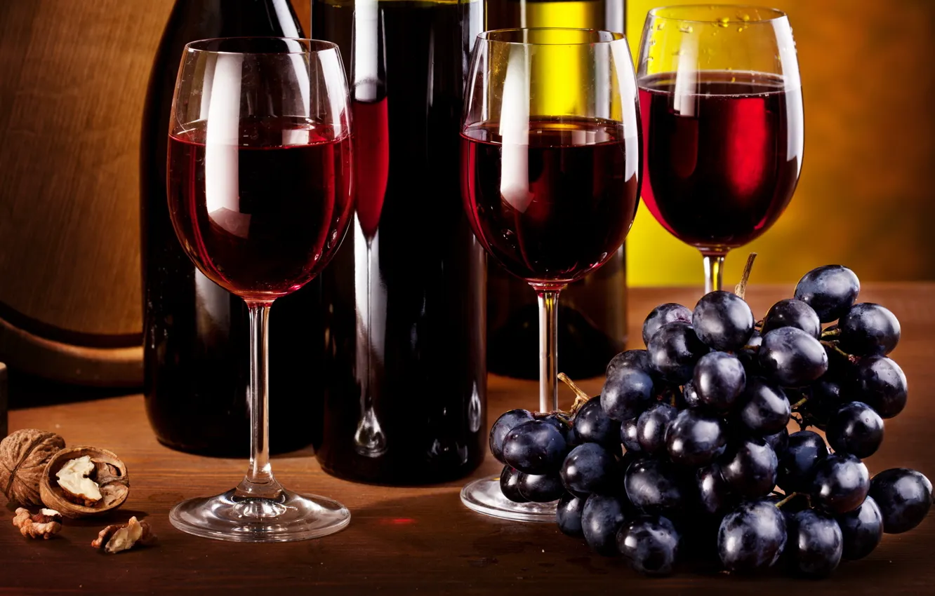 Photo wallpaper wine, glass, bottle, grapes, bunch, nuts, brush