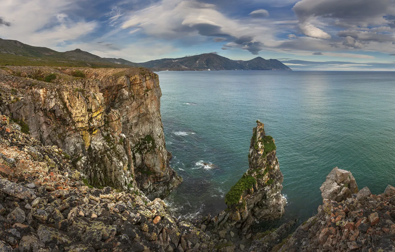 Photo wallpaper sea, clouds, rocks, coast, the Peninsula, Vladimir Ryabkov, Kolyma, The sea of Okhotsk
