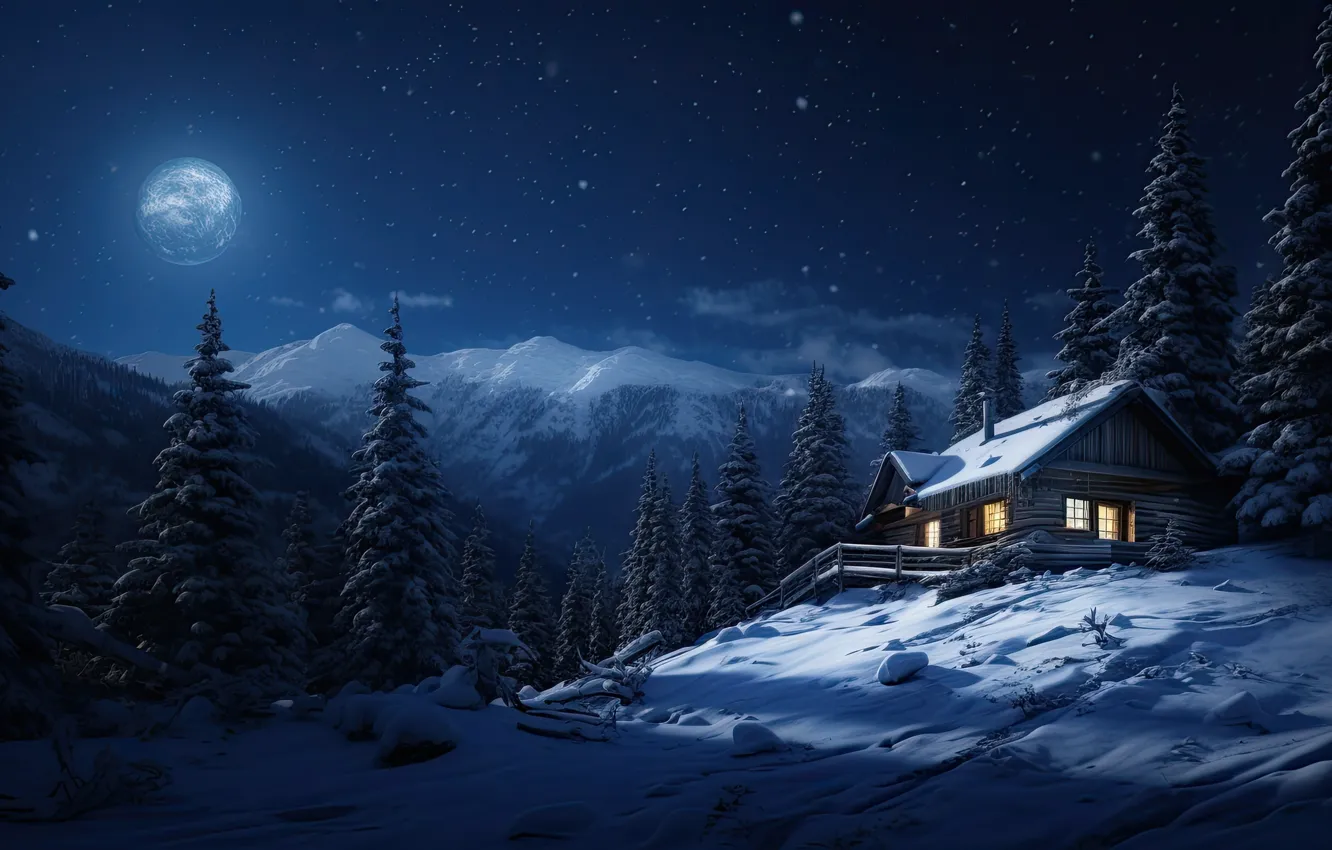 Photo wallpaper winter, forest, snow, night, frost, house, house, hut