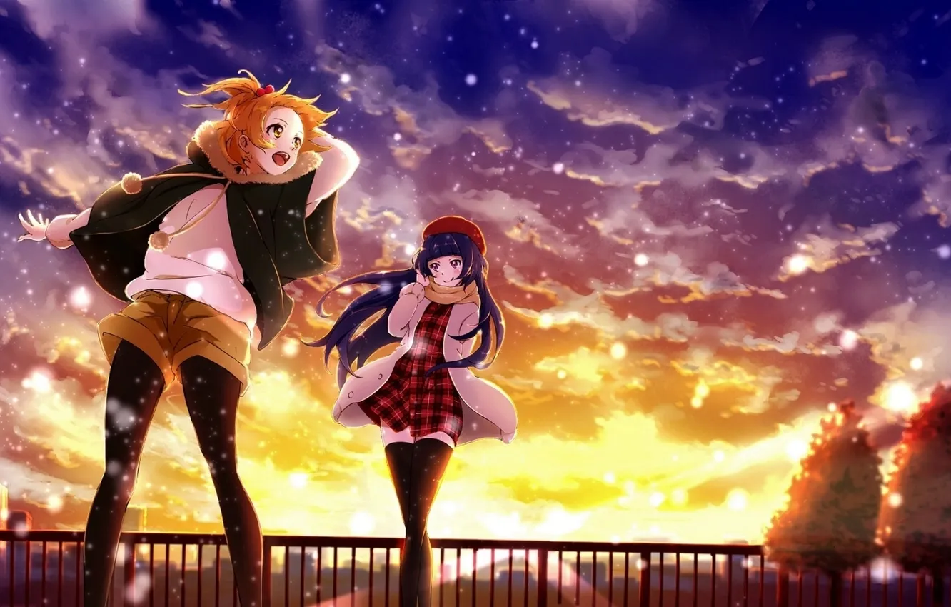 Photo wallpaper the sky, clouds, light, snow, sunset, the city, girls, anime
