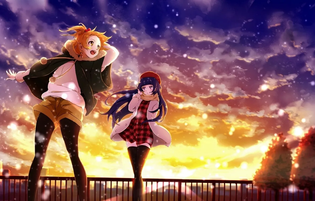 Photo wallpaper the sky, girl, clouds, light, snow, sunset, the city, anime