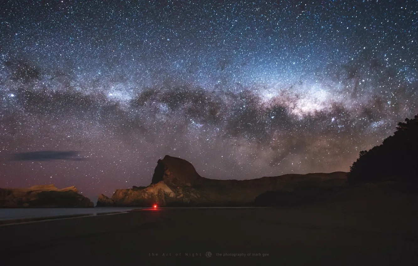 Photo wallpaper beach, the sky, stars, night, rocks, lights, the milky way, photographer