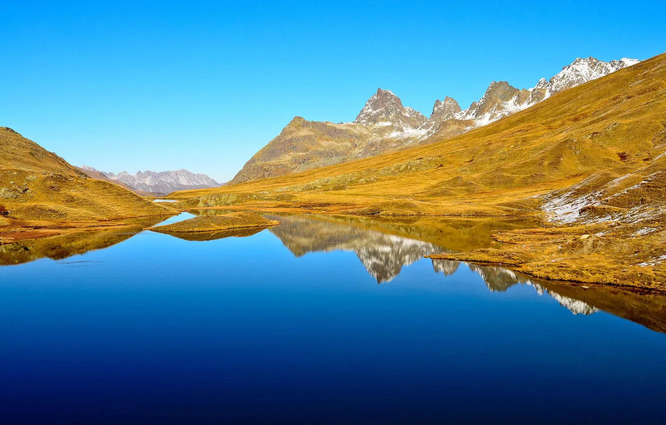 Photo wallpaper water, snow, mountains, lake, reflection, spring