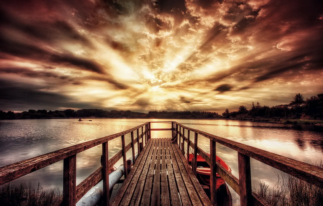 Photo wallpaper landscape, sunset, bridge, lake