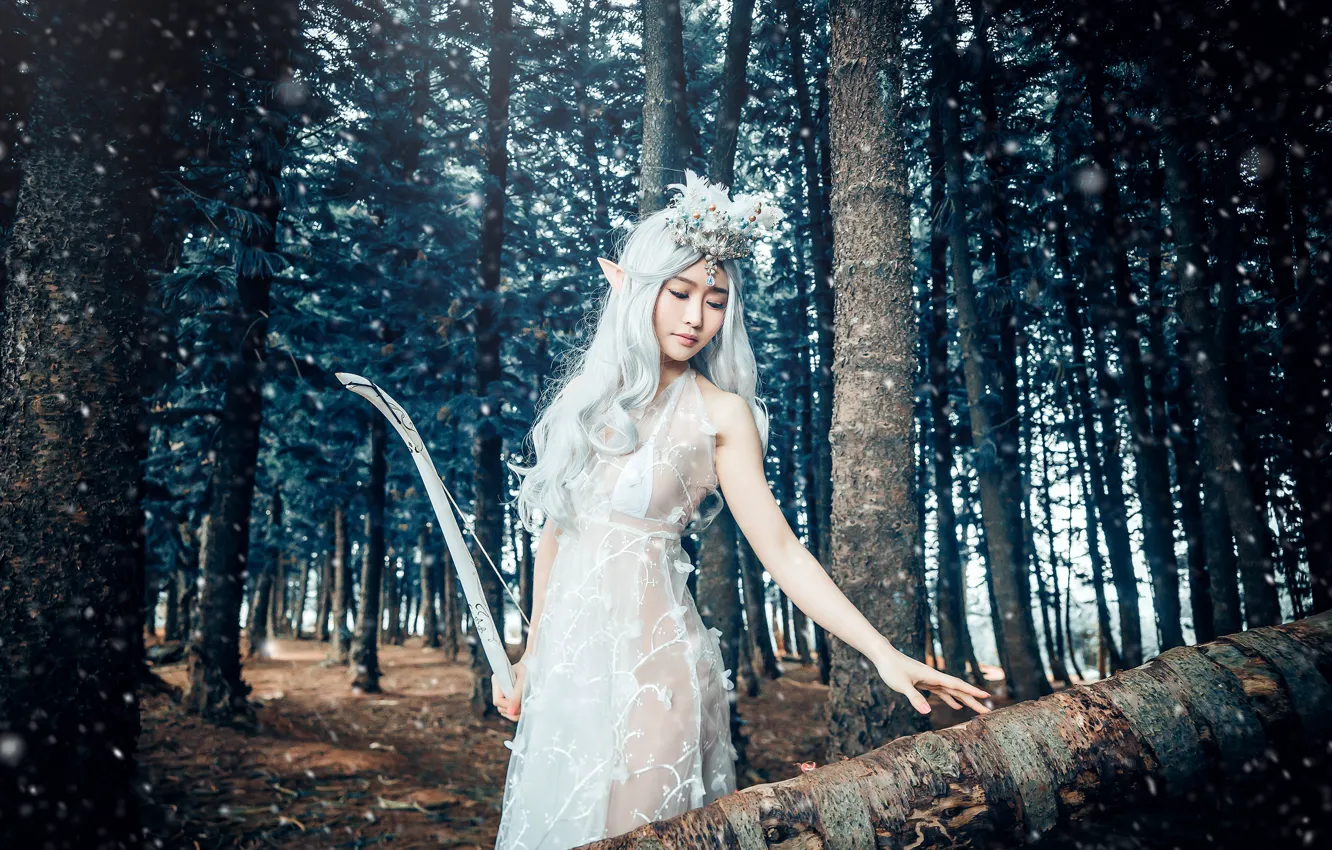 Photo wallpaper forest, girl, dress, bow, blonde, walk, Asian, elf
