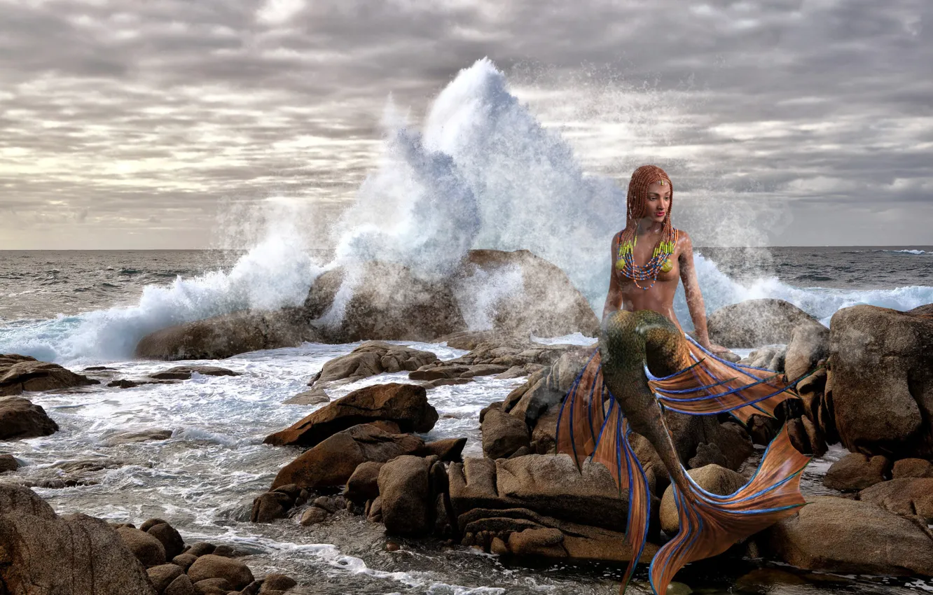 Photo wallpaper sea, wave, girl, squirt, stones, shore, mermaid, tail