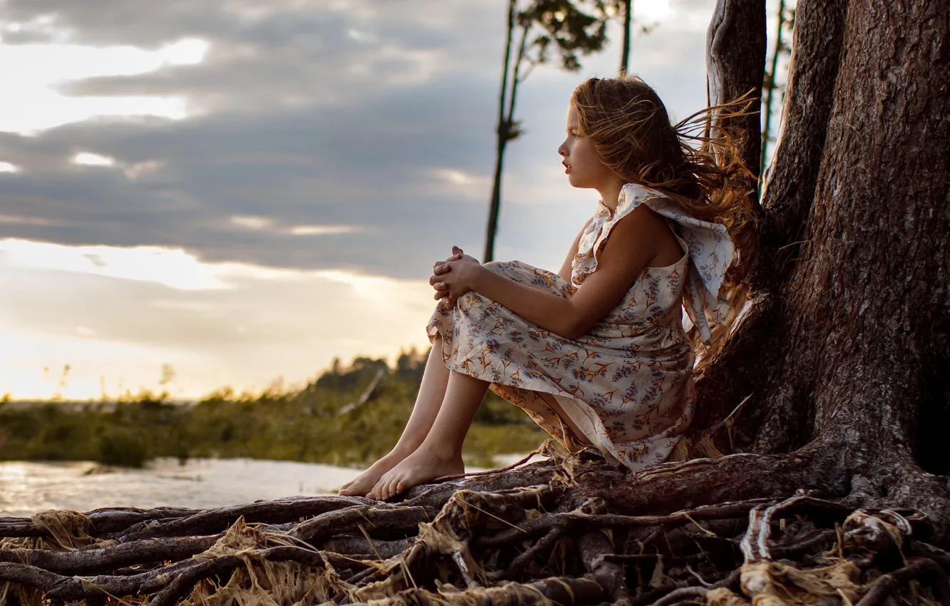 Photo wallpaper trees, pose, the wind, dress, girl, red, redhead, Igor Kupriyanov