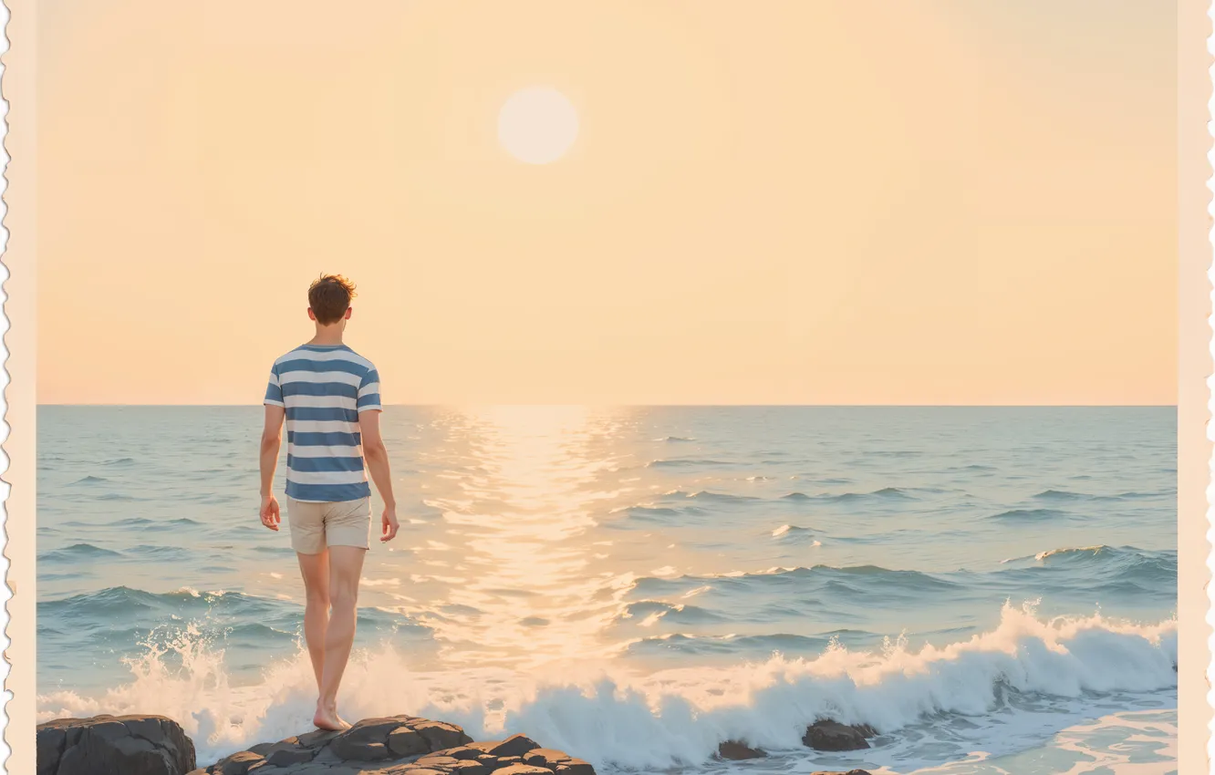 Photo wallpaper neural network, stones, surf, AI art, guy, shore, strip, t-shirt
