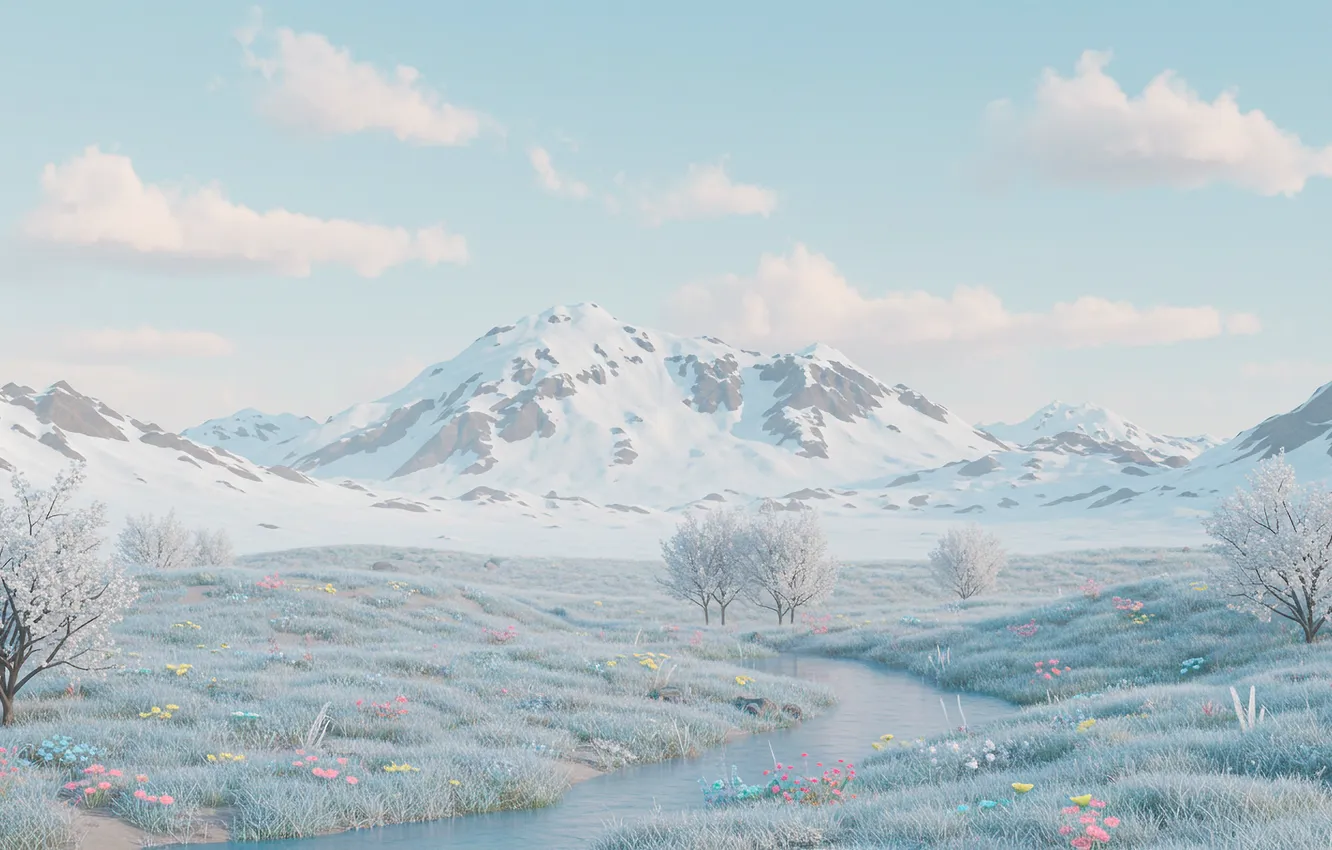 Photo wallpaper winter, frost, field, grass, clouds, snow, mountains, river