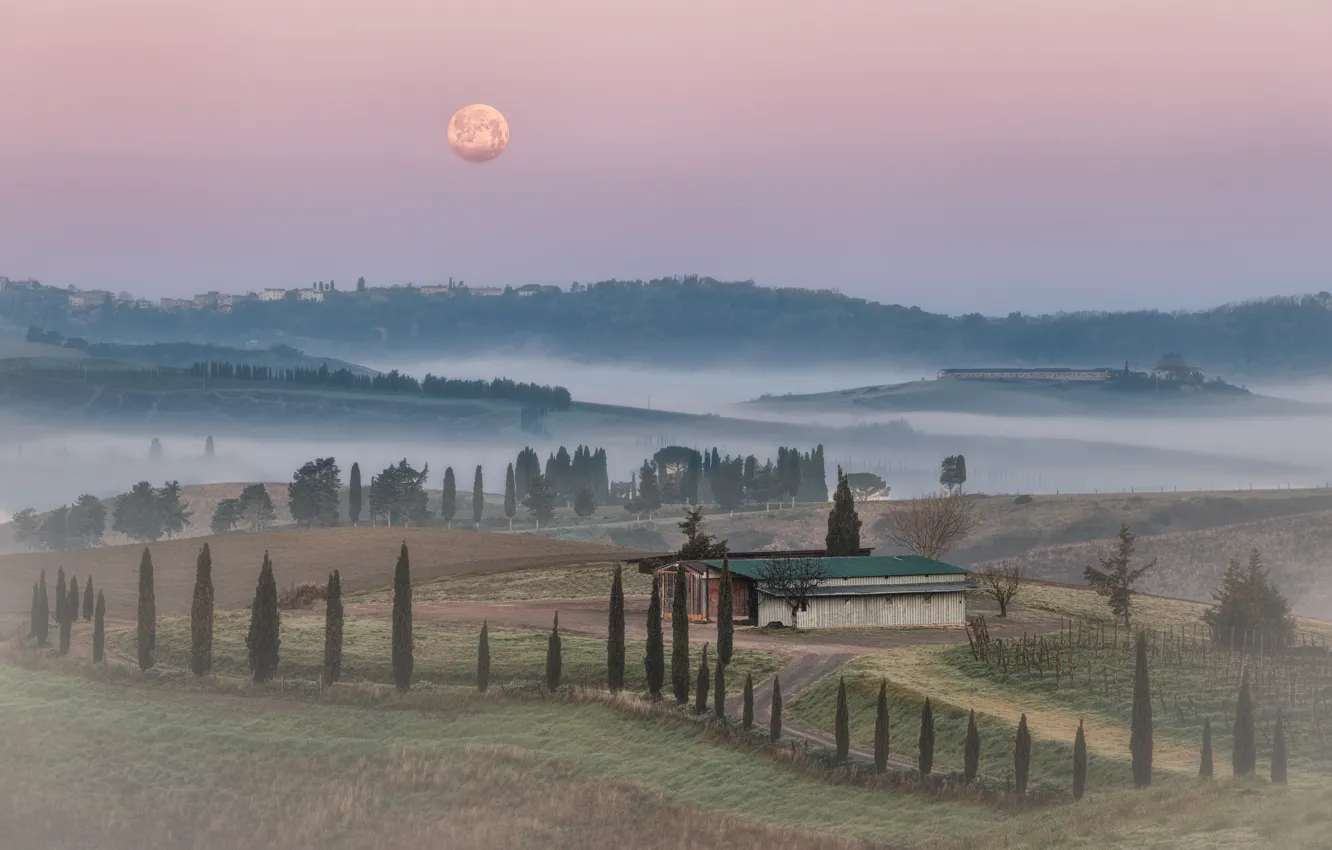 Photo wallpaper fog, hills, the moon, field, morning, Italy, houses, Tuscany