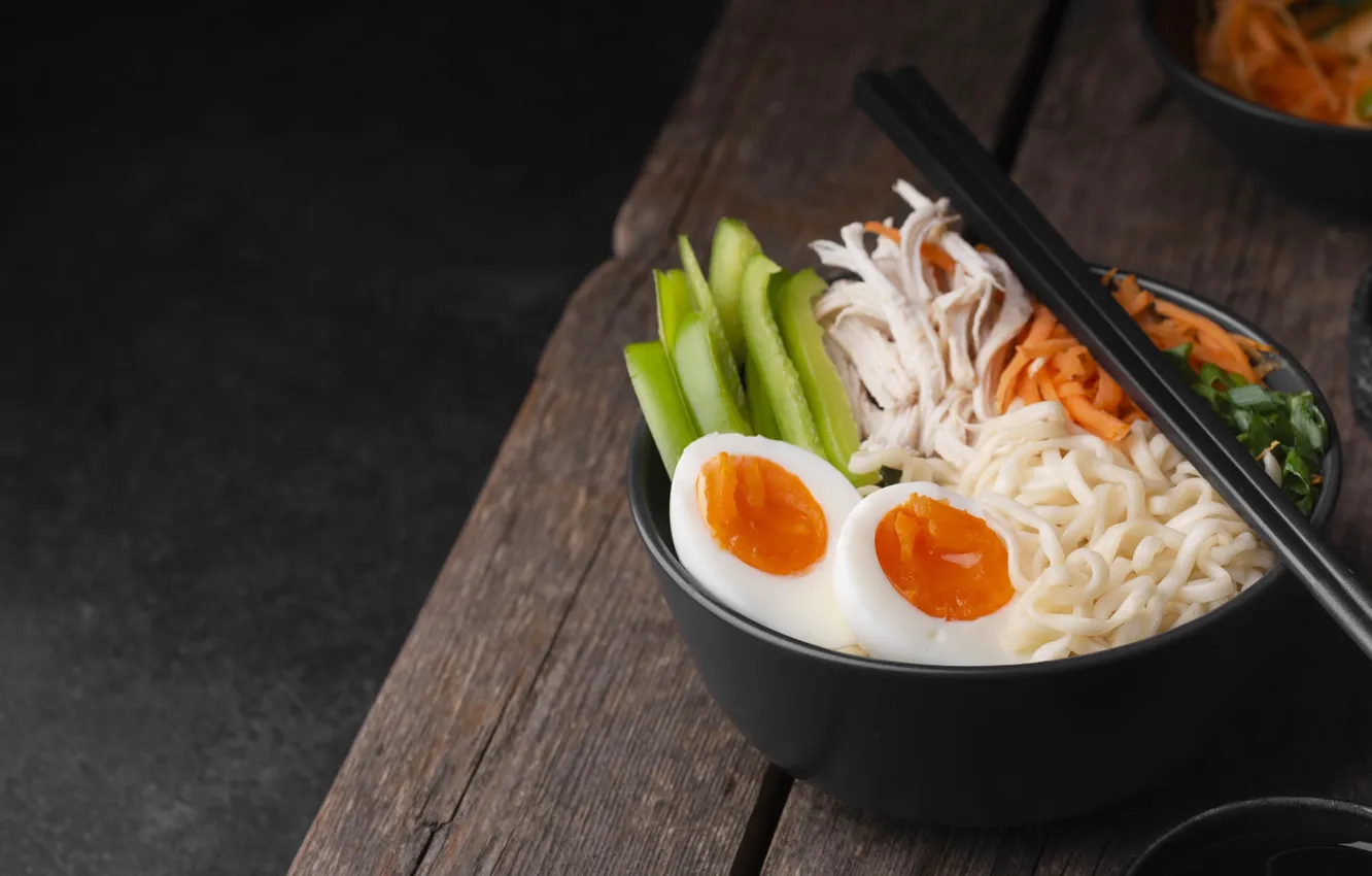 Photo wallpaper eggs, meat, bowl, noodles